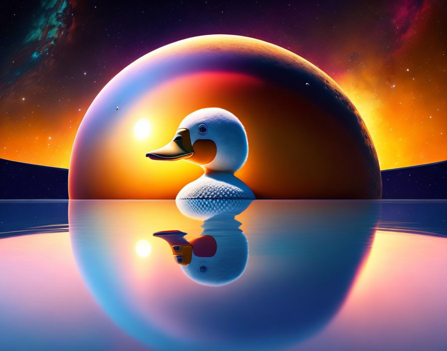 Rubber duck floating on reflective surface with vibrant planet and starry sky