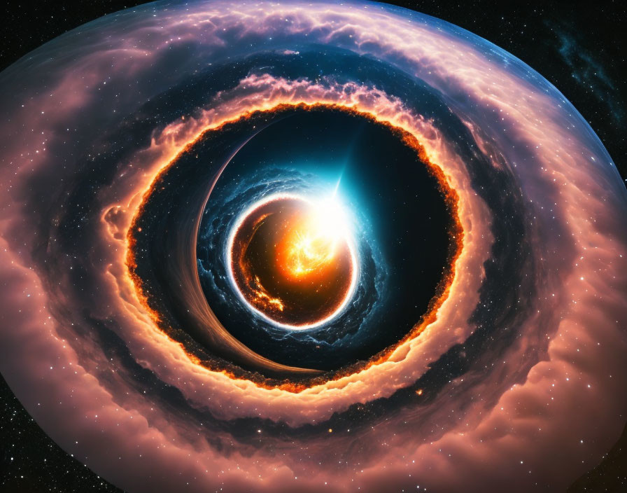 Detailed depiction: Black hole and accretion disk emitting light in cosmos