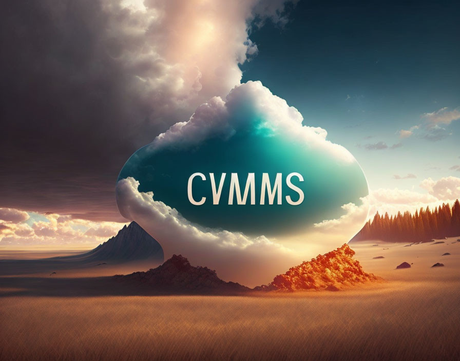 Surreal landscape with "CVMS" cloud formation at sunset