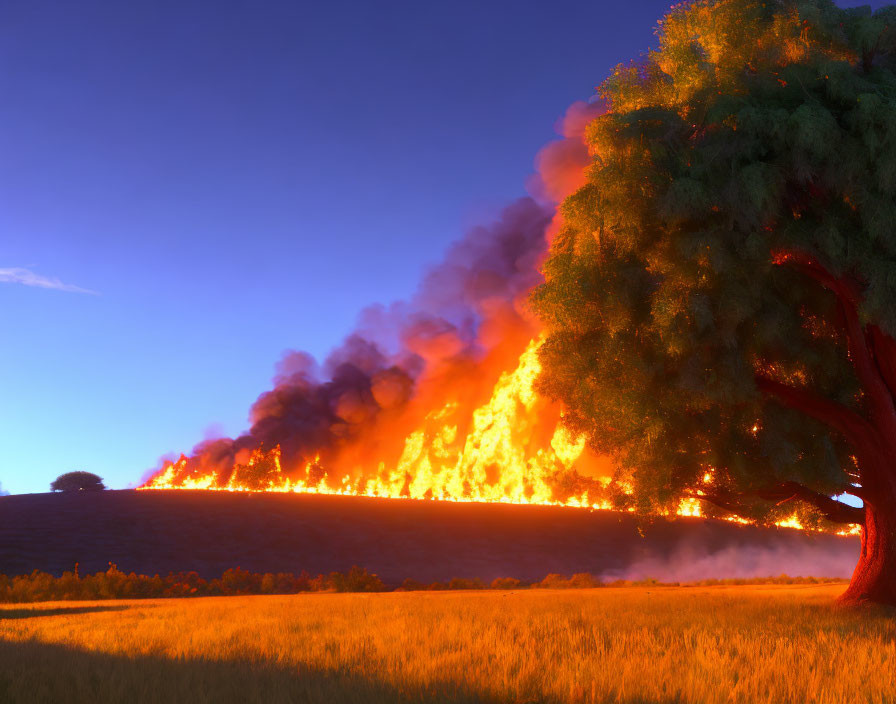 Intense wildfire on hillside at dusk with large tree and smoky sky.