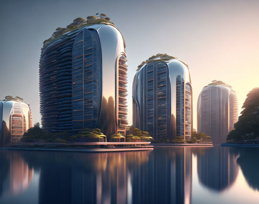 Modern skyscrapers with green rooftop gardens reflecting on water at sunrise or sunset