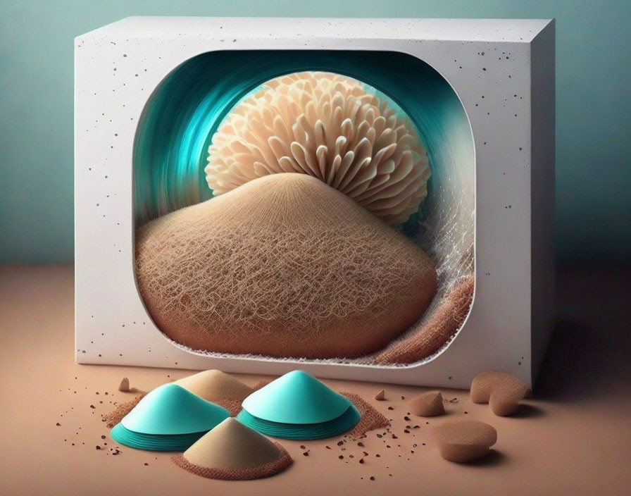 Surreal white box with turquoise interior and coral-like structure on sandy base