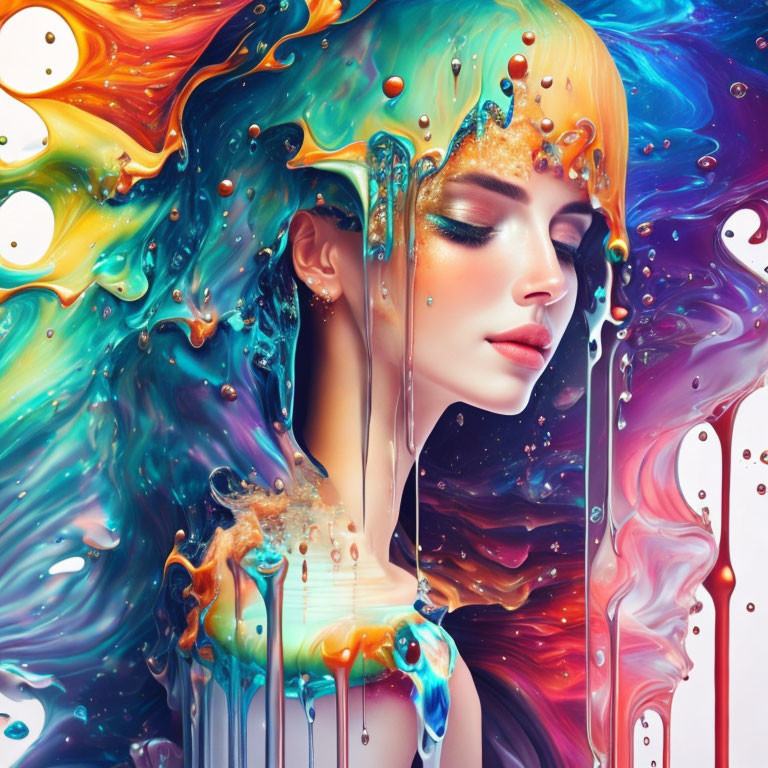 Colorful abstract paint swirls in woman's hair portrait