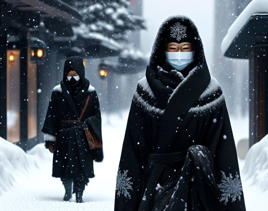 Two masked figures in dark cloaks in snowy setting with ambient lights and falling snowflakes.