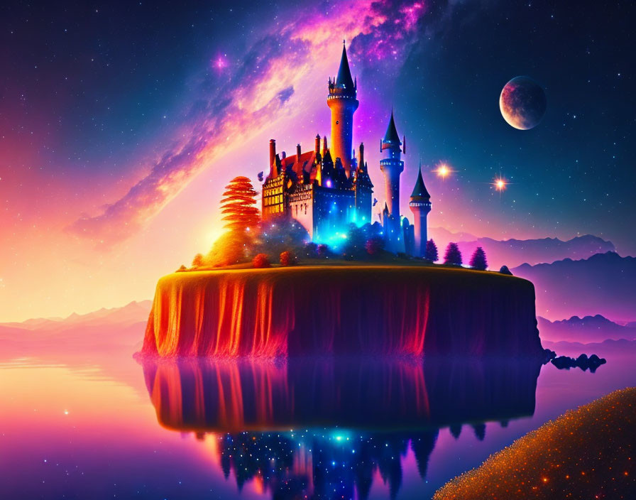 Majestic castle on floating island under starry sky