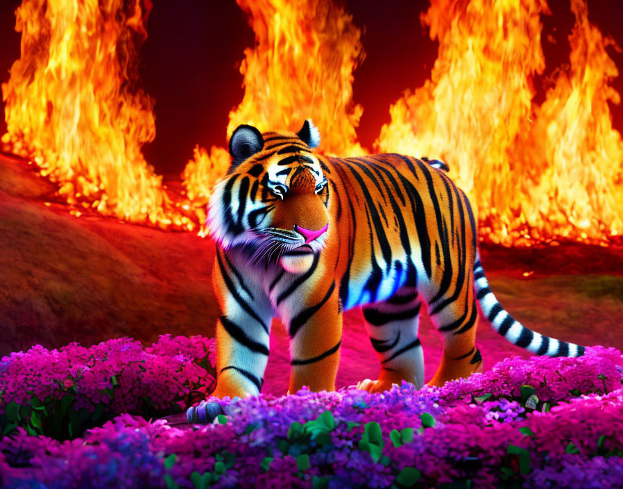 Colorful Tiger Among Flowers and Flames