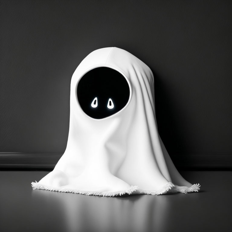 Cartoonish ghost peeking from under white sheet on dark background