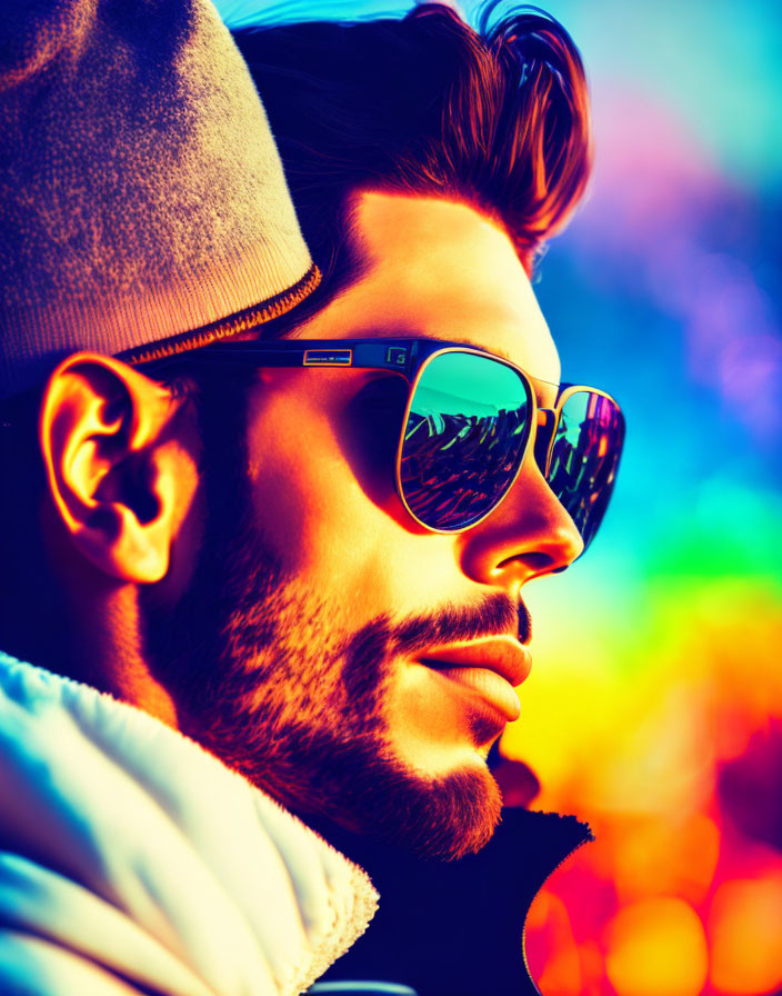 Bearded man in sunglasses and beanie on vibrant background