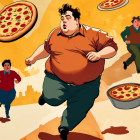 Multiple oversized boys in green clothes running with flying pizza slices on orange backdrop