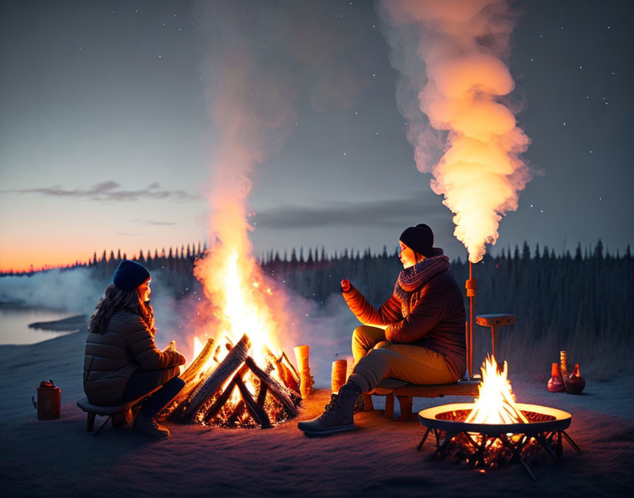 People sitting by campfire in snow with vibrant sky, drinking hot beverages