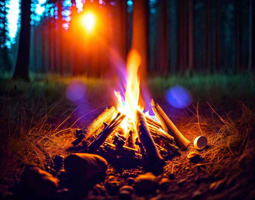 Dusk campfire illuminating tall trees and grass