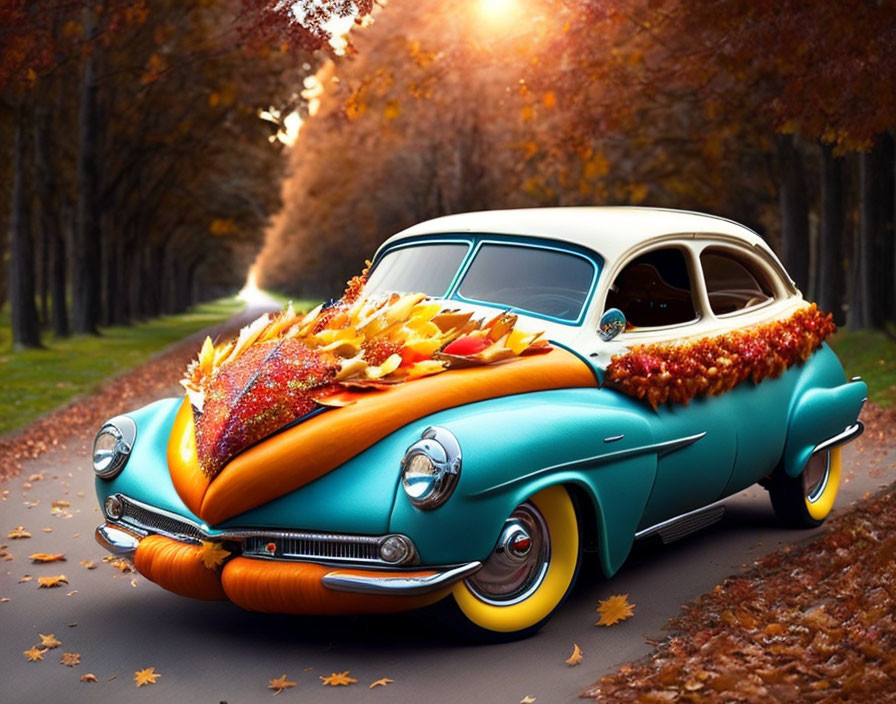 Vintage Turquoise Car with Autumn Leaves on Tree-Lined Road