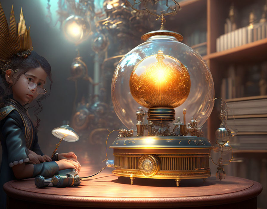 Girl with glasses and crown admires steampunk device on table with glowing orbs and metalwork.