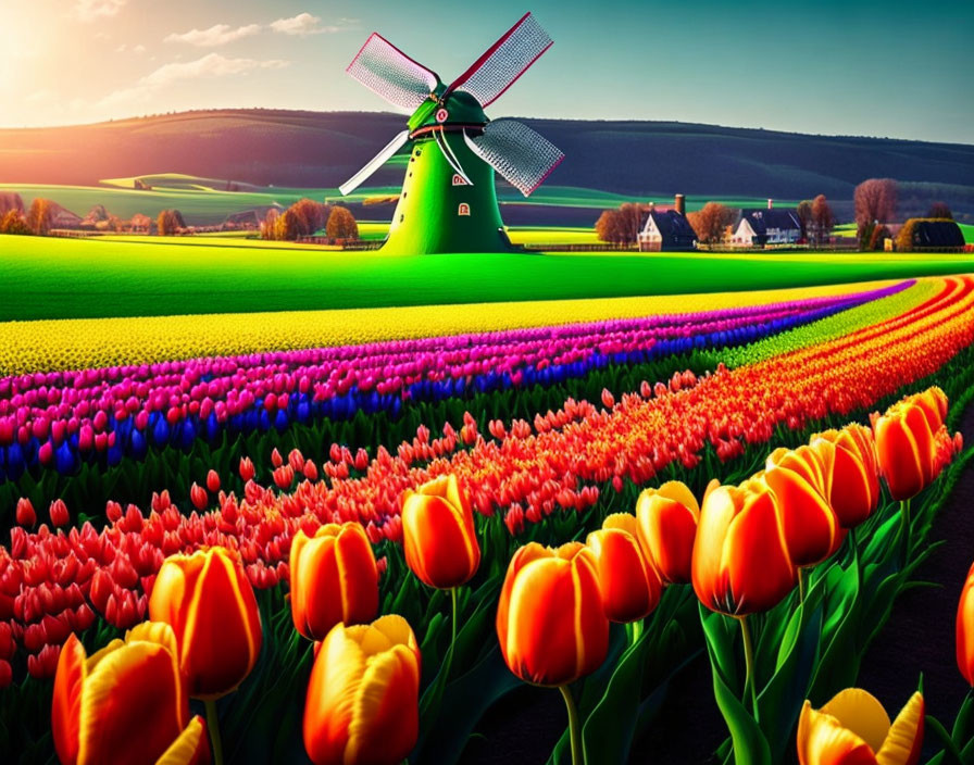 Colorful Tulip Fields and Windmill in Lush Greenery at Sunset