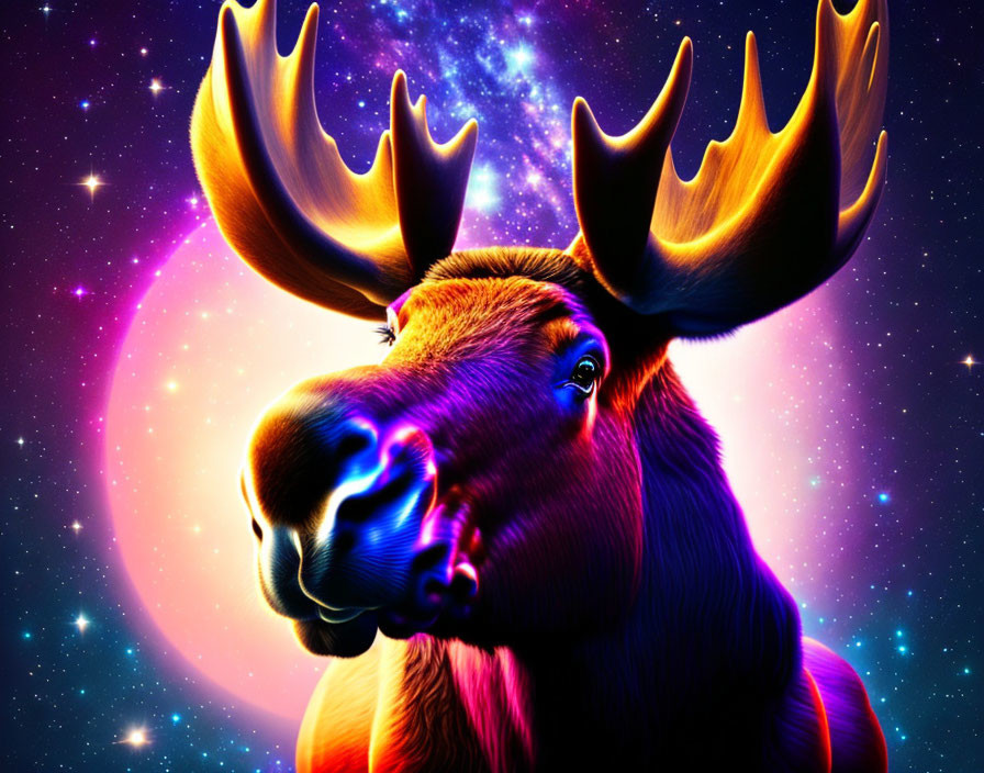 Colorful digital artwork: Moose with glowing antlers in cosmic setting