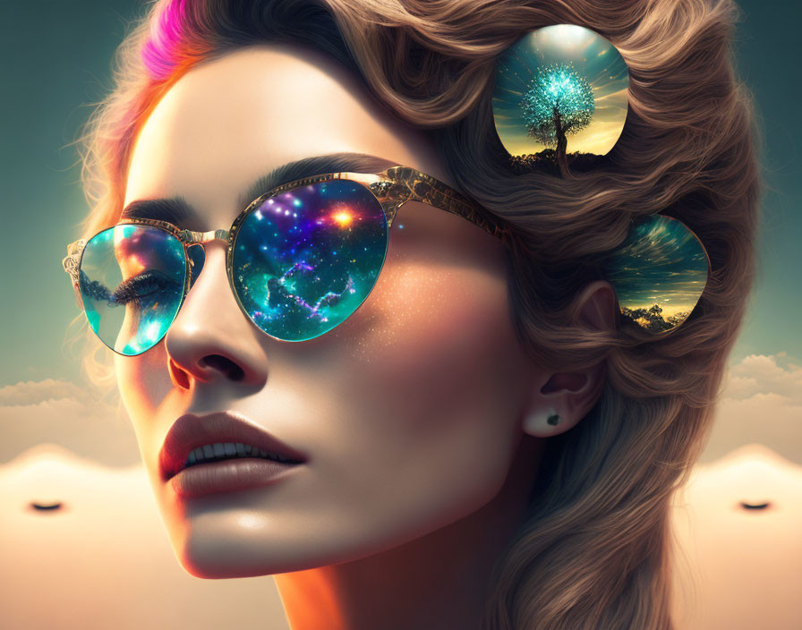 Colorful Hair Streak Woman with Sunglasses Reflecting Starry Sky