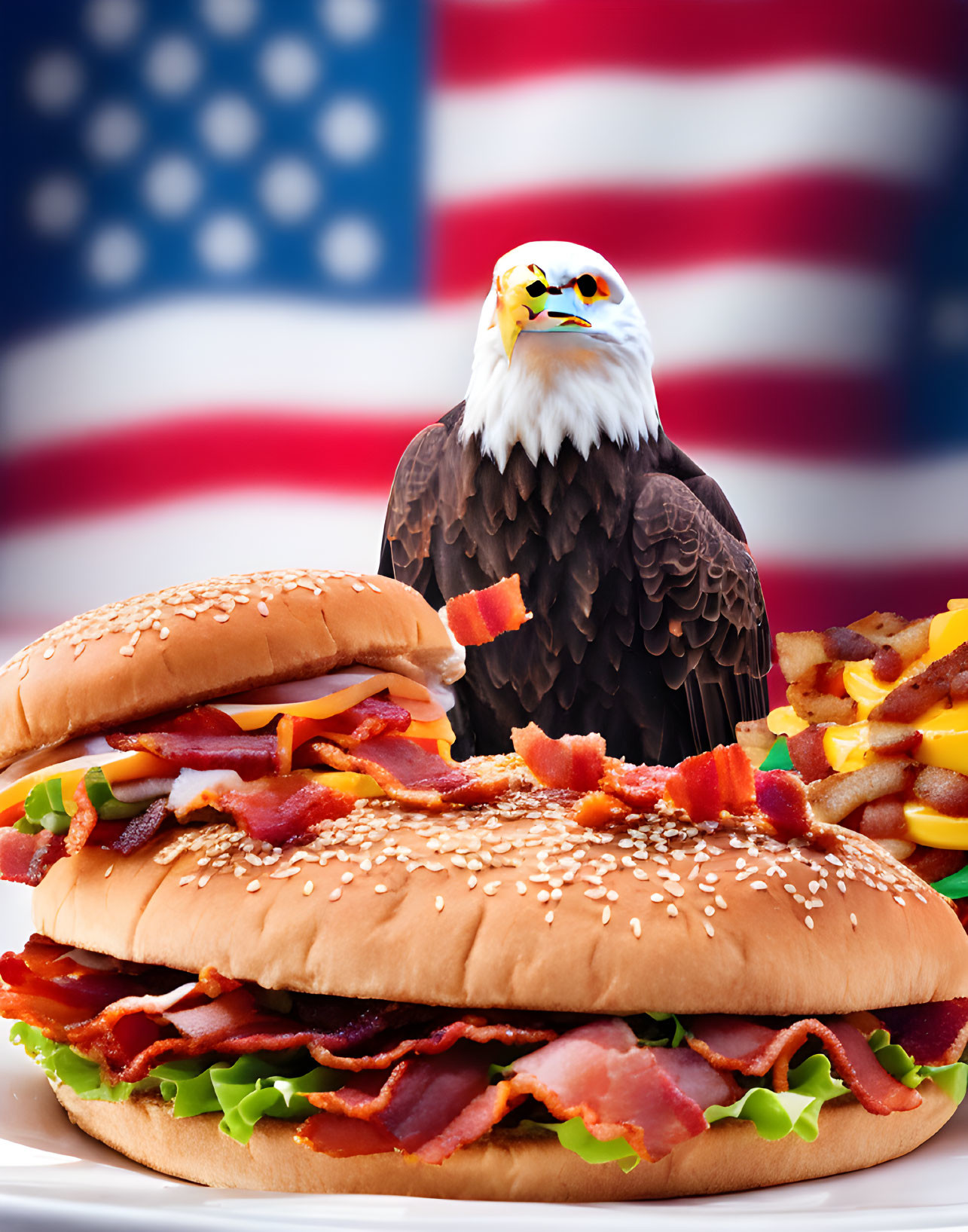 Majestic eagle with American flag, bacon cheeseburgers, and fries