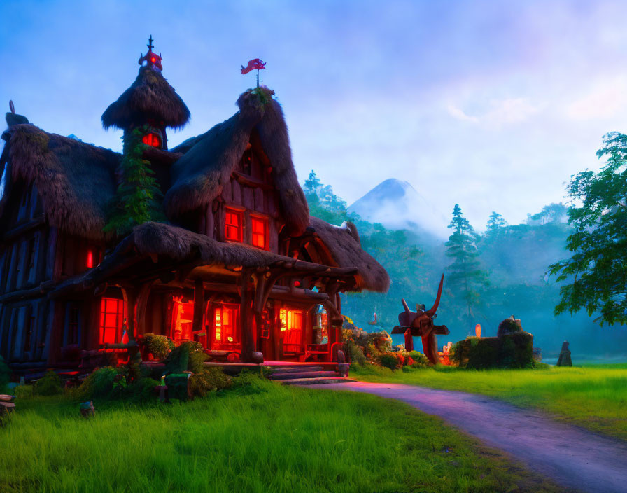 Cozy Thatched Cottage with Glowing Windows in Dusk