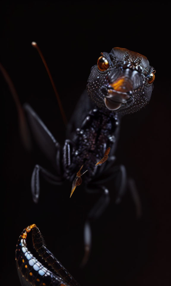 Macro photograph: Praying mantis with orange eyes and water droplets