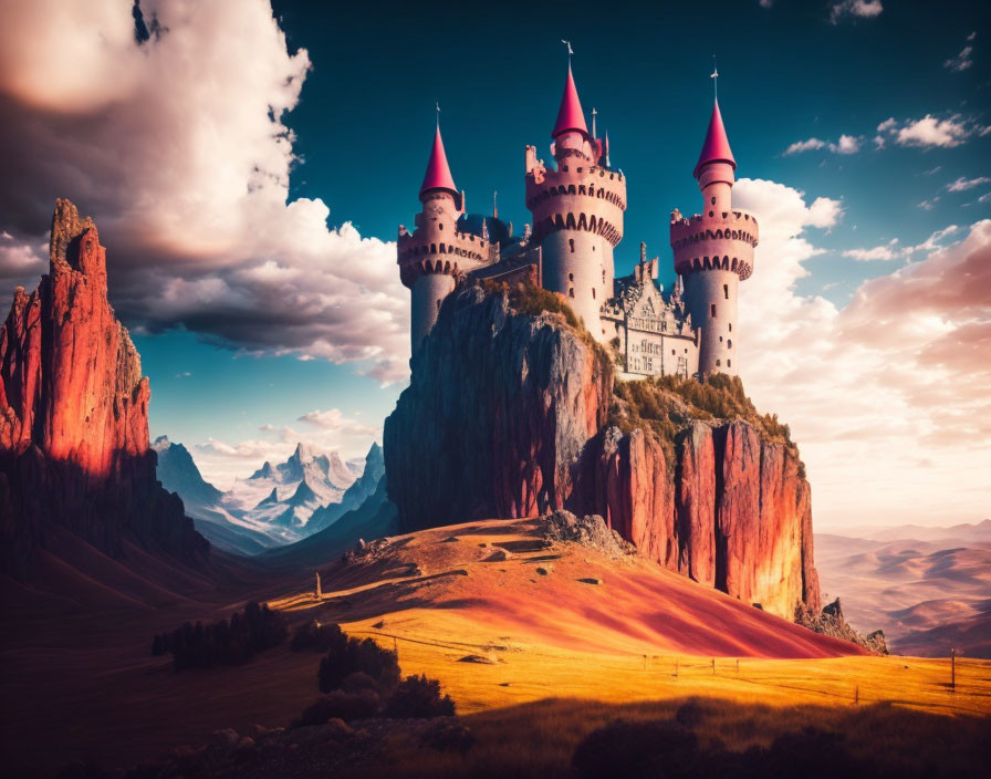 Pink-turreted castle on cliff with dramatic sky and lush landscape