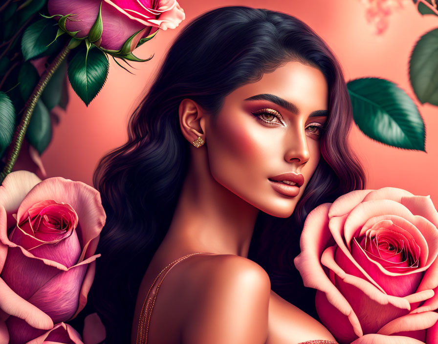 Dark-haired woman with deep gaze among pink roses on warm background