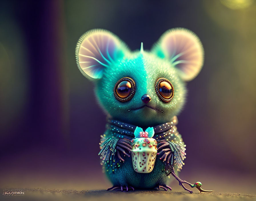 Adorable fantasy creature with big ears and eyes holding cupcake