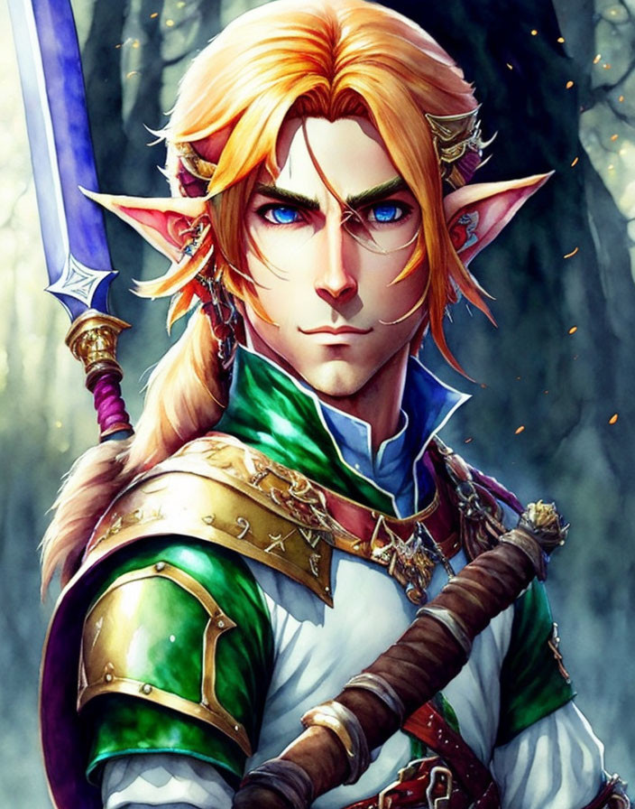 Fantasy elf character with pointed ears holding sword in green tunic