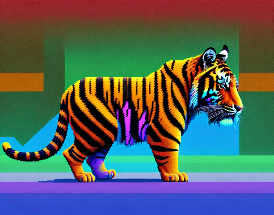 Colorful Tiger Artwork with Neon Stripes on Geometric Background