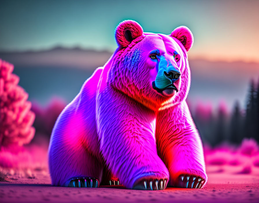 Surreal pink bear in neon-lit forest with purple sky