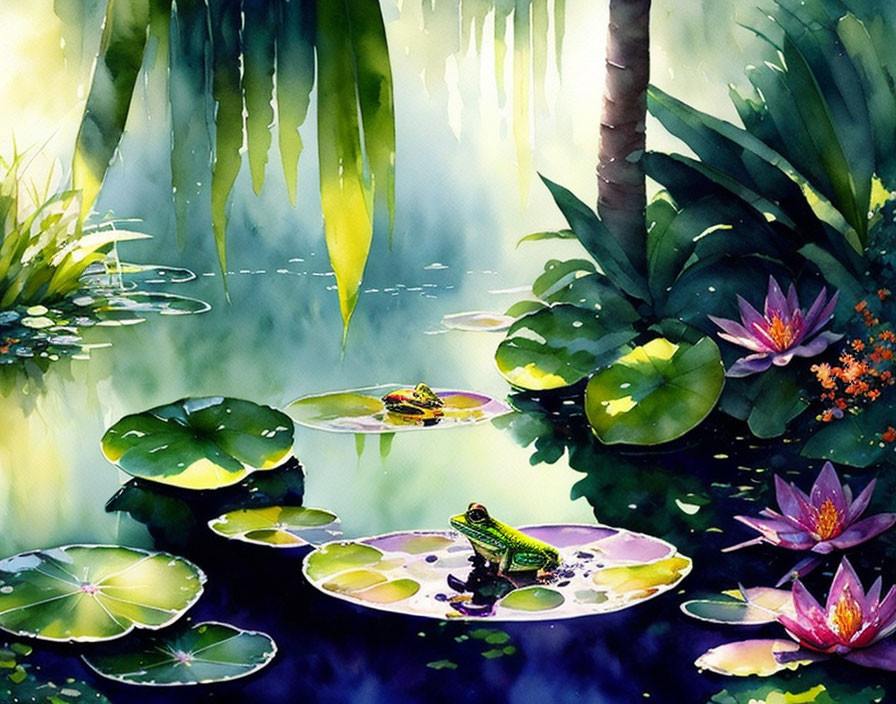 Tranquil pond scene with lily pads, lotuses, frog, lush greenery