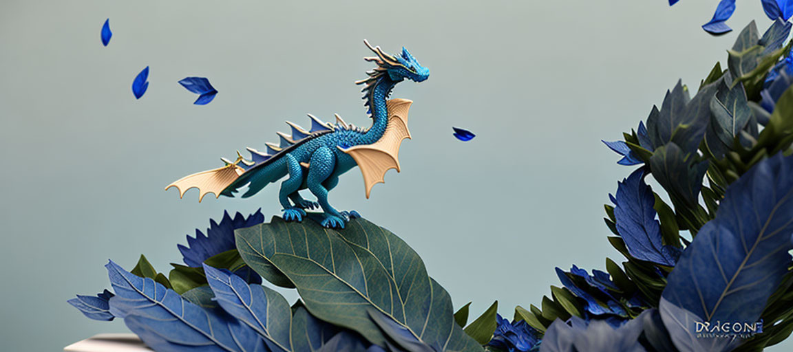 Blue Dragon Figurine Surrounded by Dark Blue Leaves and Petals on Muted Background