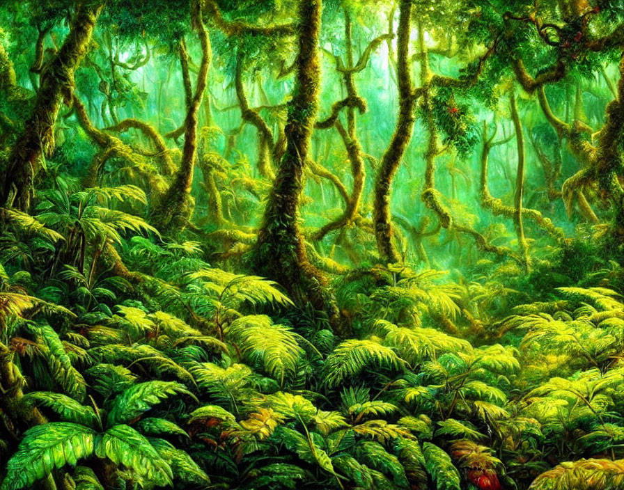 Vibrant rainforest with dense ferns and moss-covered trees