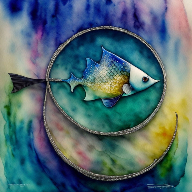 Vibrant Fish Painting with Patterns and Textures on Watercolor Background