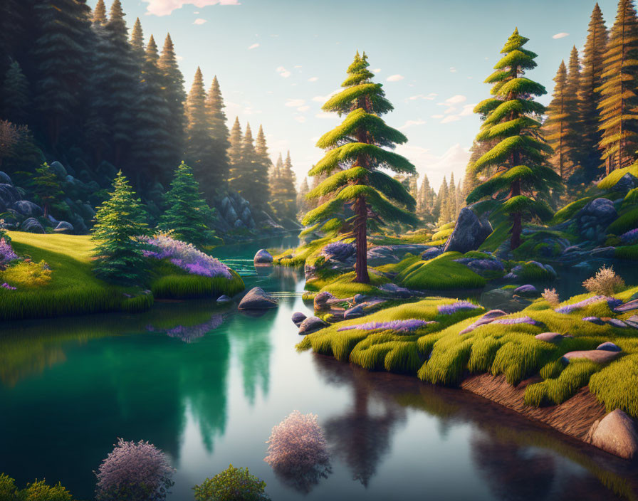 Serene forest landscape with pine trees, purple flowers, river, and moss-covered stones