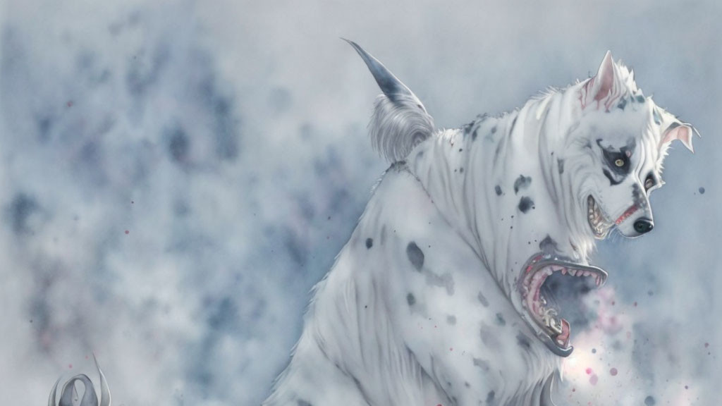 Fierce white dog with black spots in snowy setting