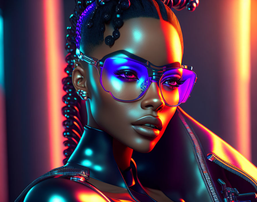 Futuristic digital artwork: woman with stylish glasses & neon lights