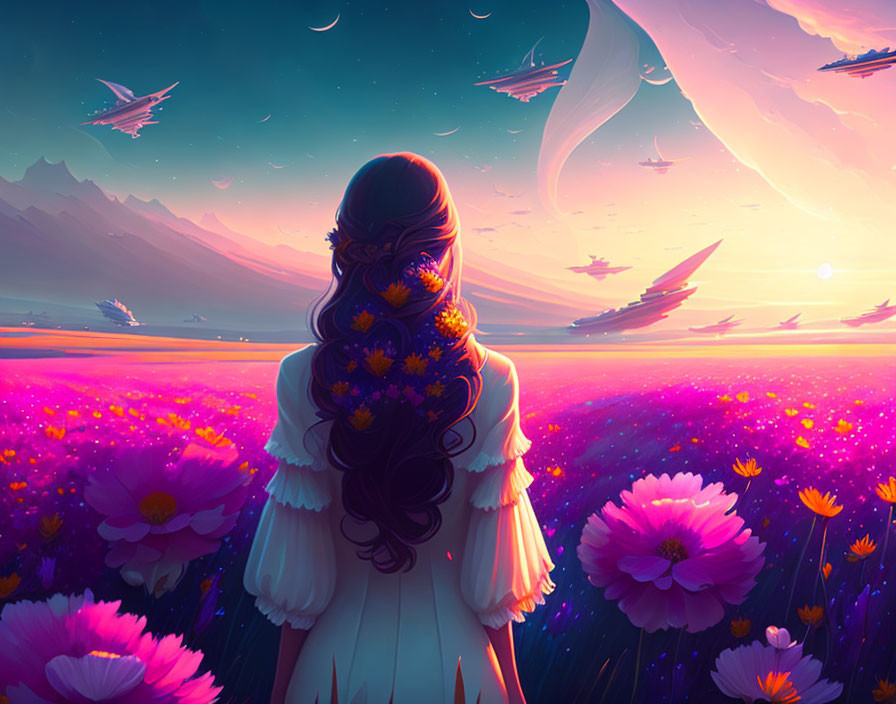 Woman admires vibrant sunset with floating whales, purple flowers, and distant mountains