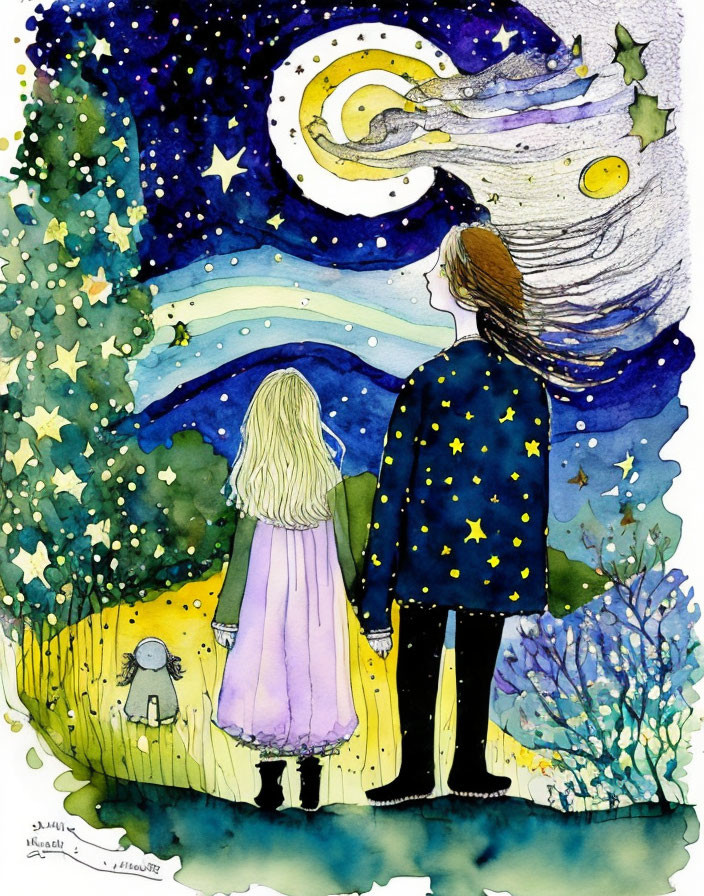 Watercolor illustration of child, adult, dog under starry sky