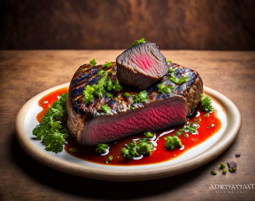 Juicy medium-rare steak with grill marks, herbs, and red sauce plate.