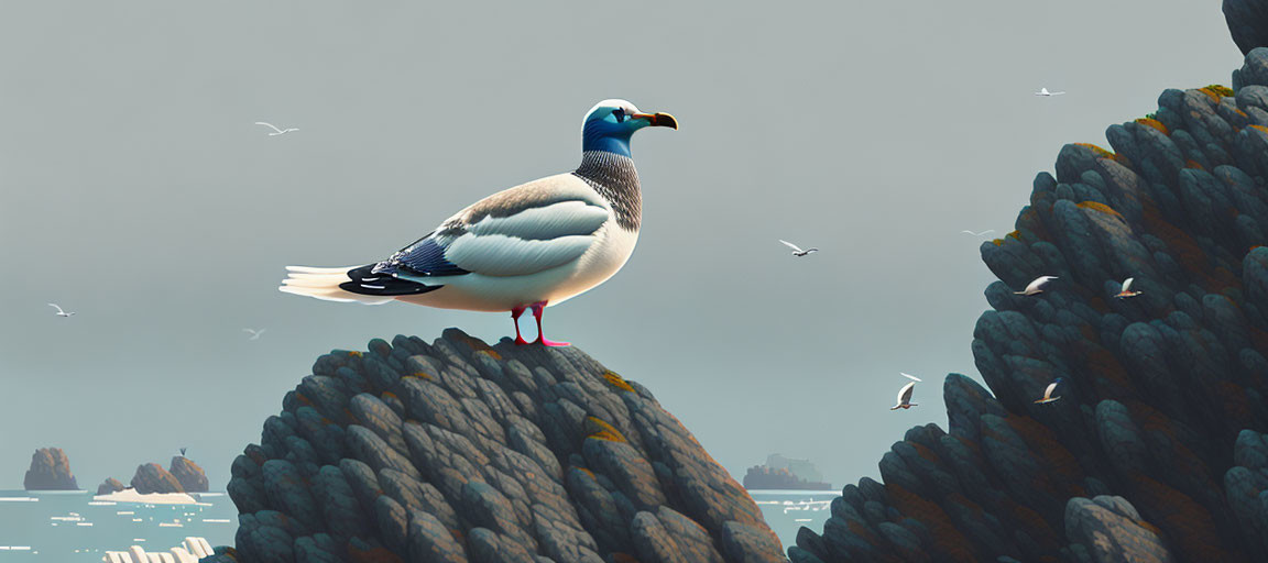 Seagull perched on rocky outcrop by the sea with flying gulls under hazy sky