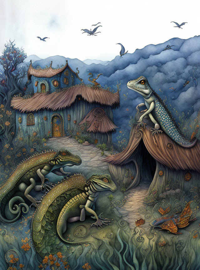 Anthropomorphic lizards in whimsical village setting among rolling hills