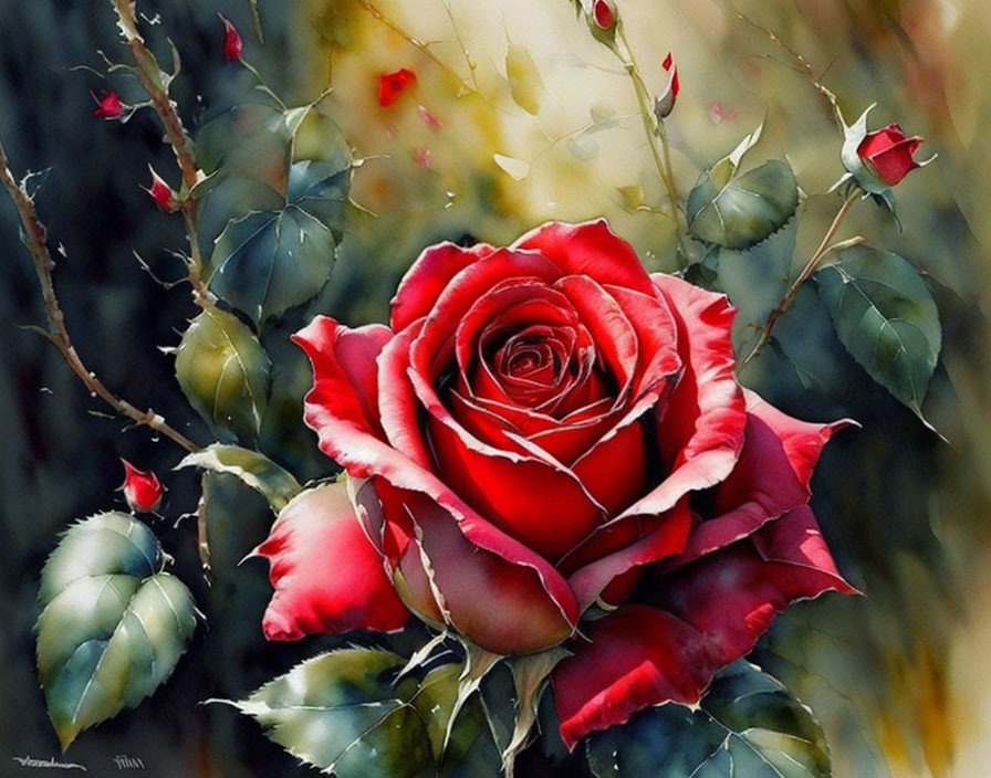 Vibrant Red Rose with Delicate Petals and Green Leaves