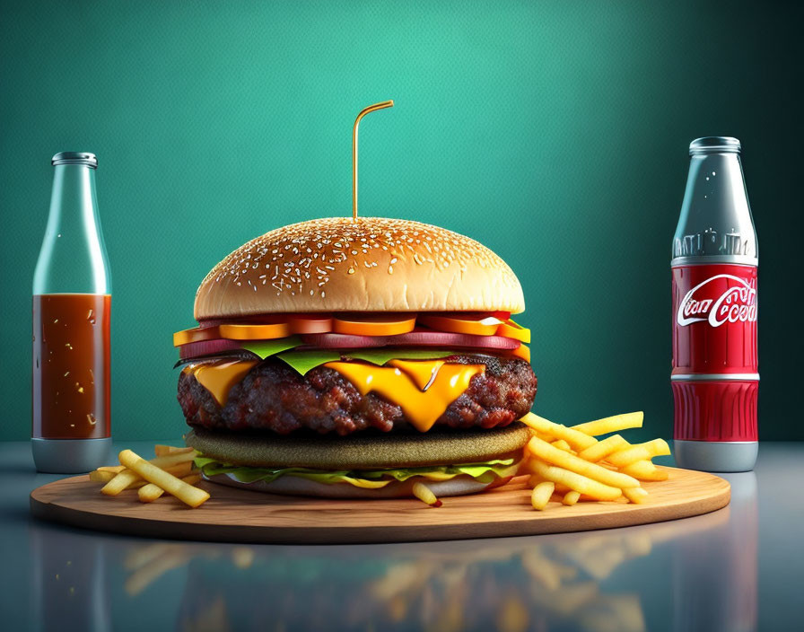 Classic Cheeseburger Meal with Fries, Soda Bottles on Wooden Tray