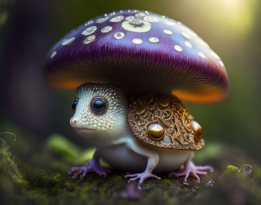 Frog-like creature with mushroom cap in soft light