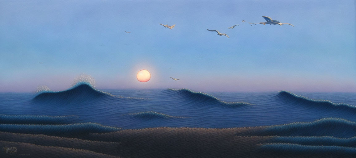 Tranquil sunset seascape with birds over gentle ocean waves