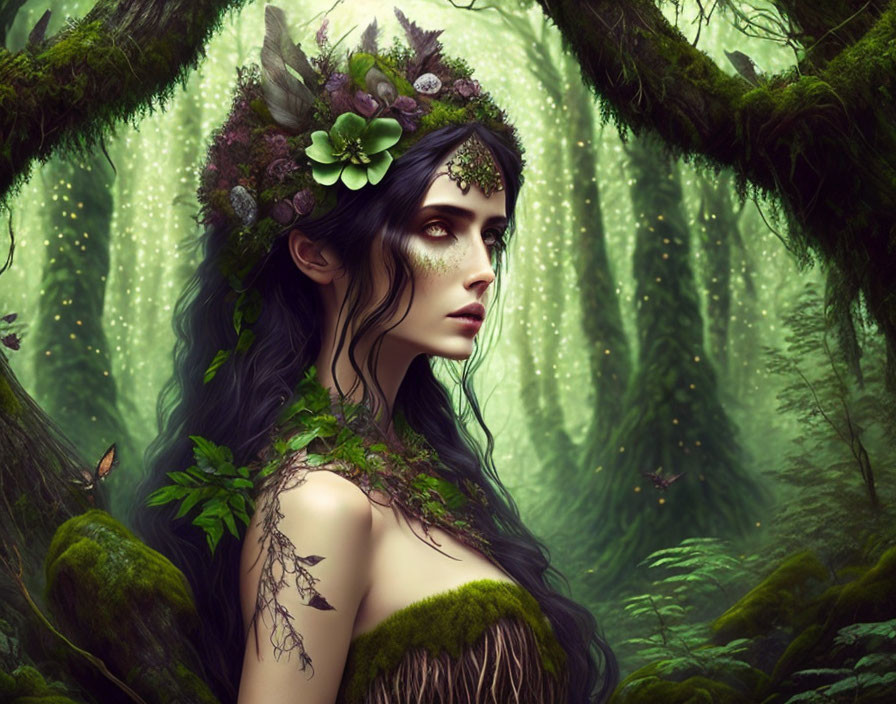 Woman with floral crown in enchanted forest setting