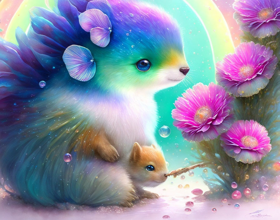 Colorful fantasy creature resembling a fluffy hedgehog with rainbow hues and purple flowers, next to its miniature