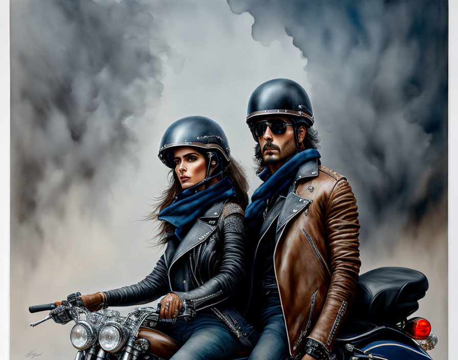 Stylish man and woman in leather outfits on motorcycle with smoky backdrop