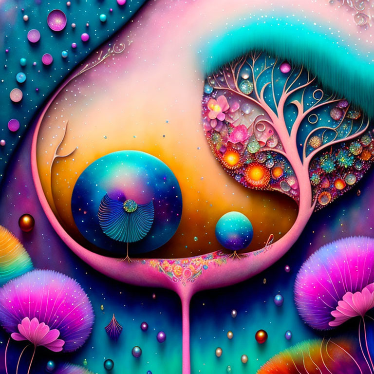 Colorful Abstract Painting: Whimsical Landscape with Trees, Spheres, and Flora