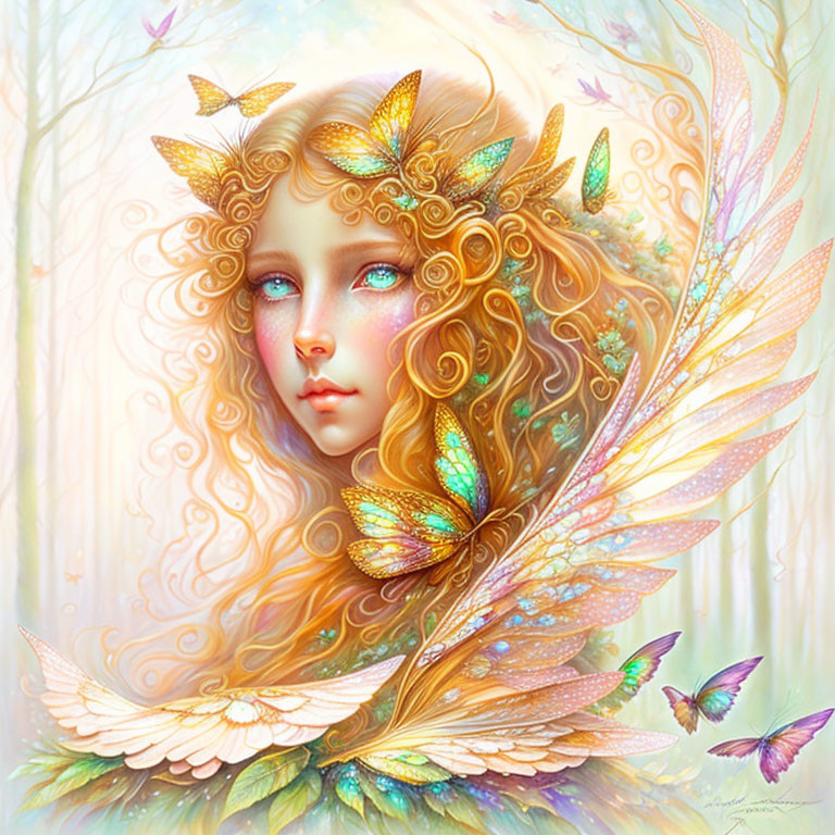 Fantasy illustration of woman with golden butterfly wings and vibrant colors